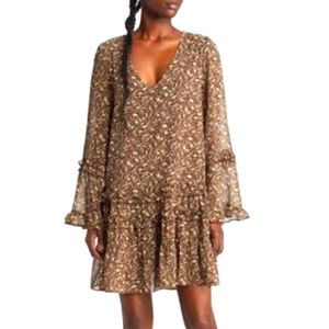 FLORET STUDIOS Floral Drop Waist Long Sleeve Dress in Brown Floral